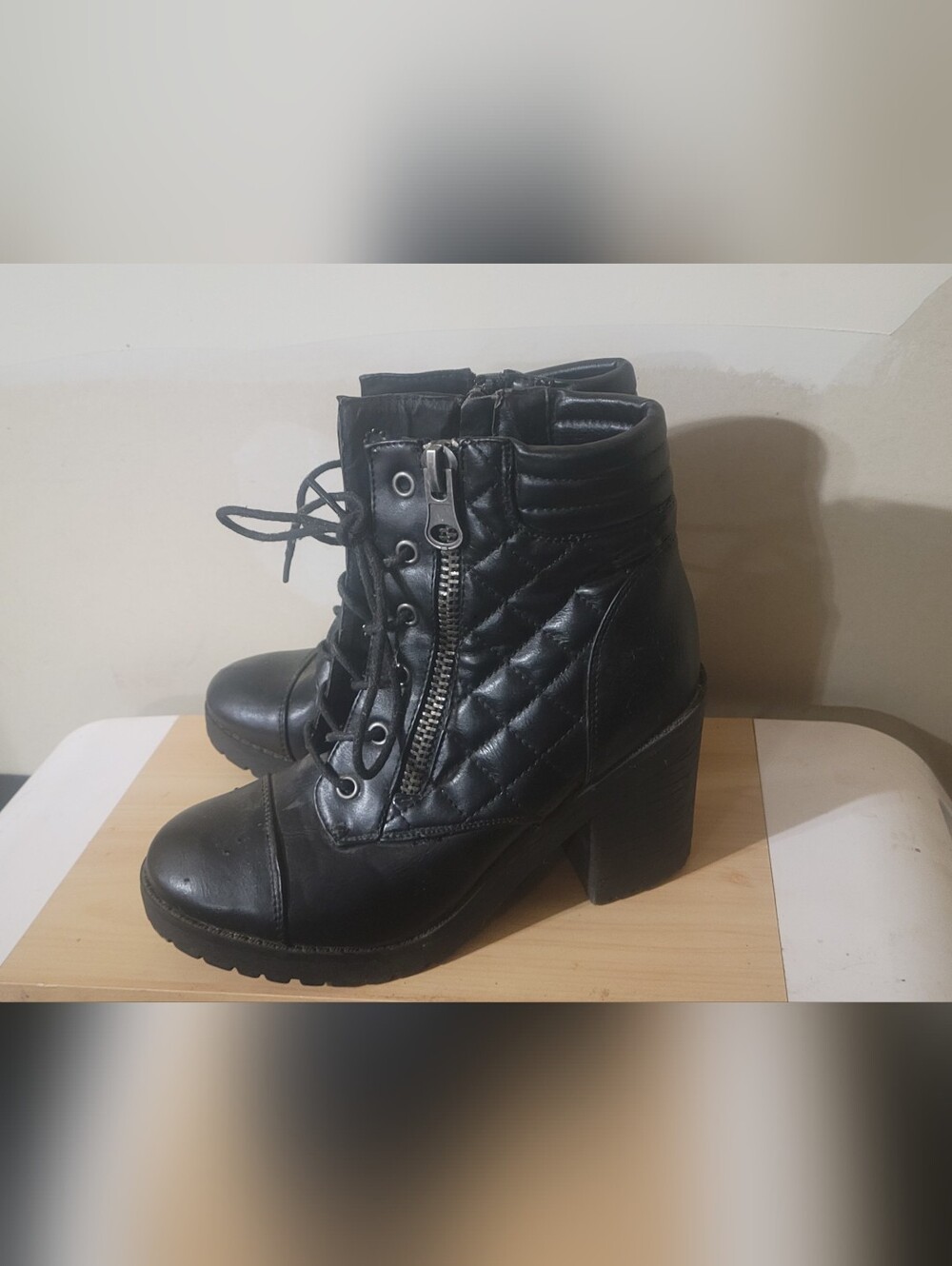 Quilted Black Lace-Up Ankle Booties with Side Zip